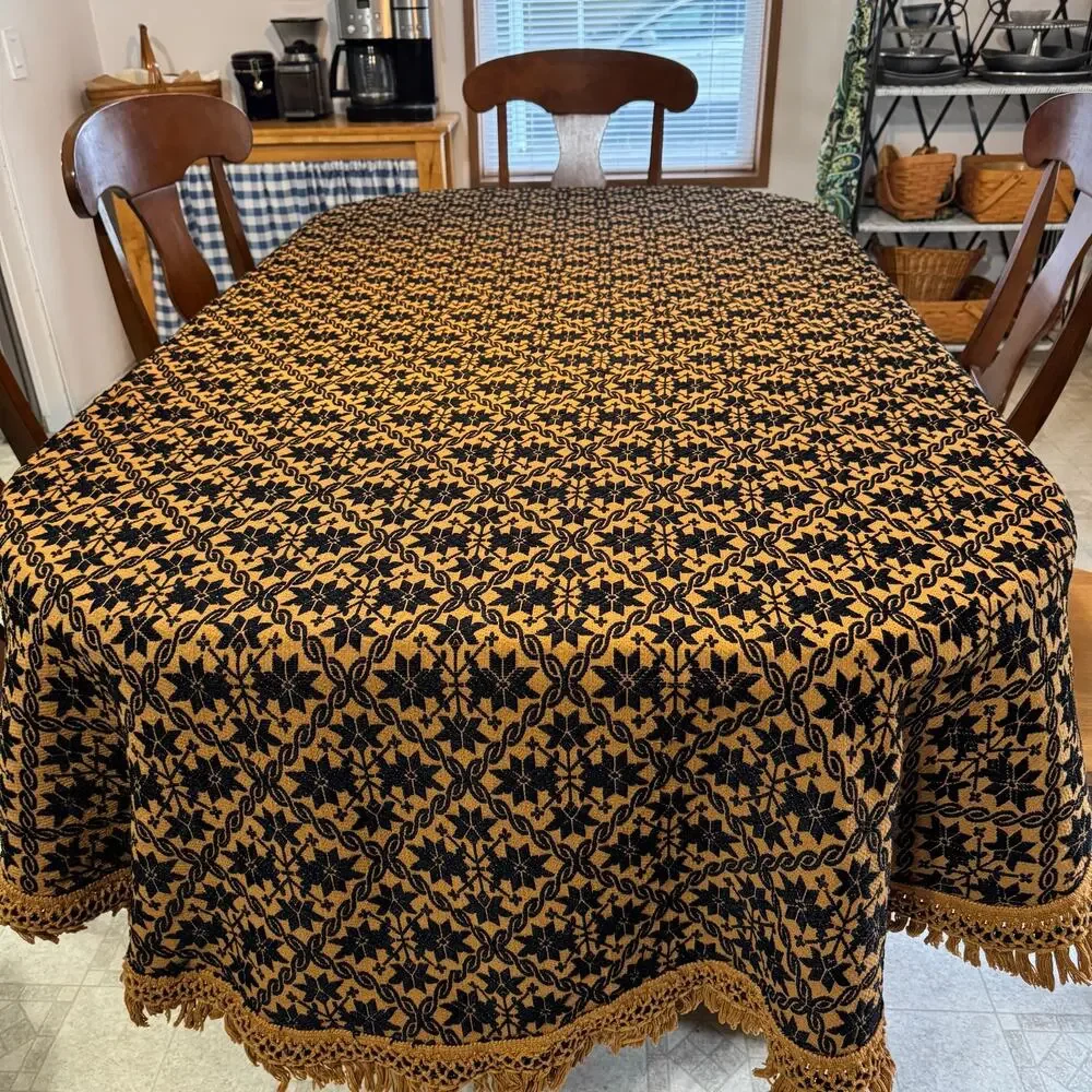 Vintage Bates Black Brown Oval Fringed Tablecloth 64x108